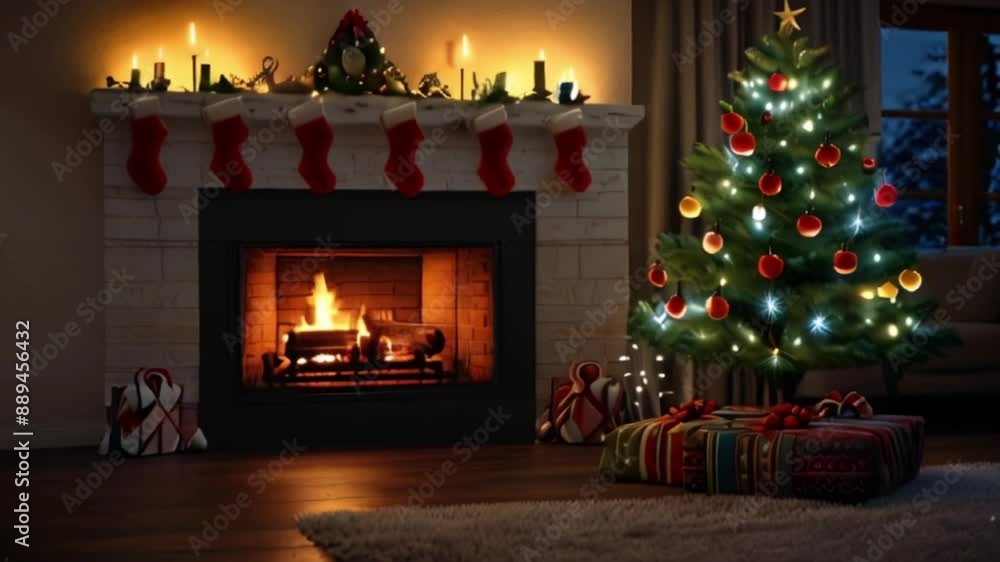 Fireplace with a burning fire with some Christmas decorations and a pine tree, there are some presents under the pine tree Fireplace with a burning fire with some Christmas decorations and a pine tree, there are some presents under the pine tree