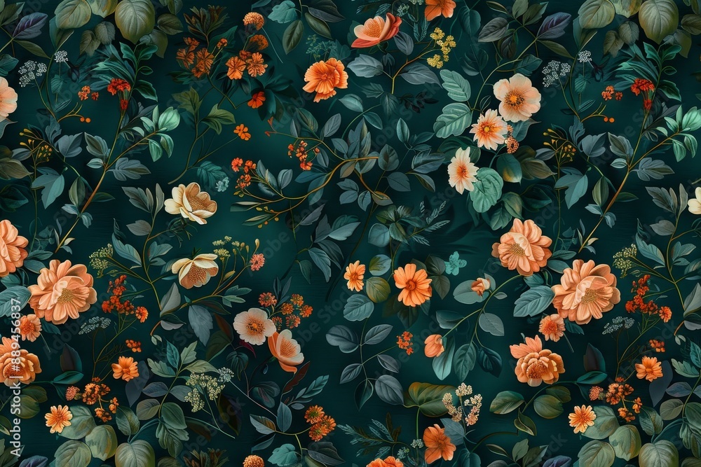 An abstract wallpaper design with flowers and leaves in different colors on a dark background An abstract wallpaper design with flowers and leaves in different colors on a dark background