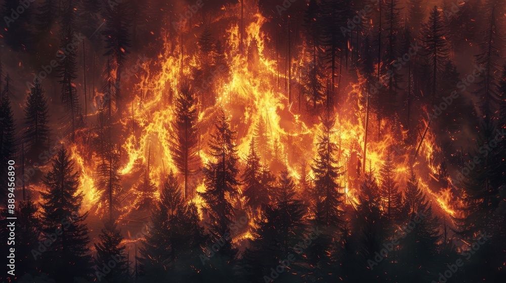 A wildfire raging through a dense forest, with flames engulfing the trees. The illustration captures the intensity and destructive power of the fire. A wildfire raging through a dense forest, with flames engulfing the trees. The illustration captures the intensity and destructive power of the fire.