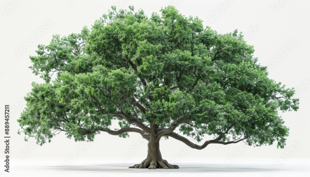 Obraz premium A dense oak tree, summer greenery, 3D rendering, isolated on white background