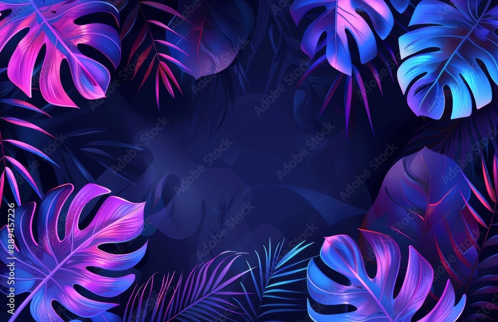 An empty room with brick walls and neon lights. Silhouettes of tropical leaves and color-changing smoke. An empty room with brick walls and neon lights. Silhouettes of tropical leaves and color-changing smoke.