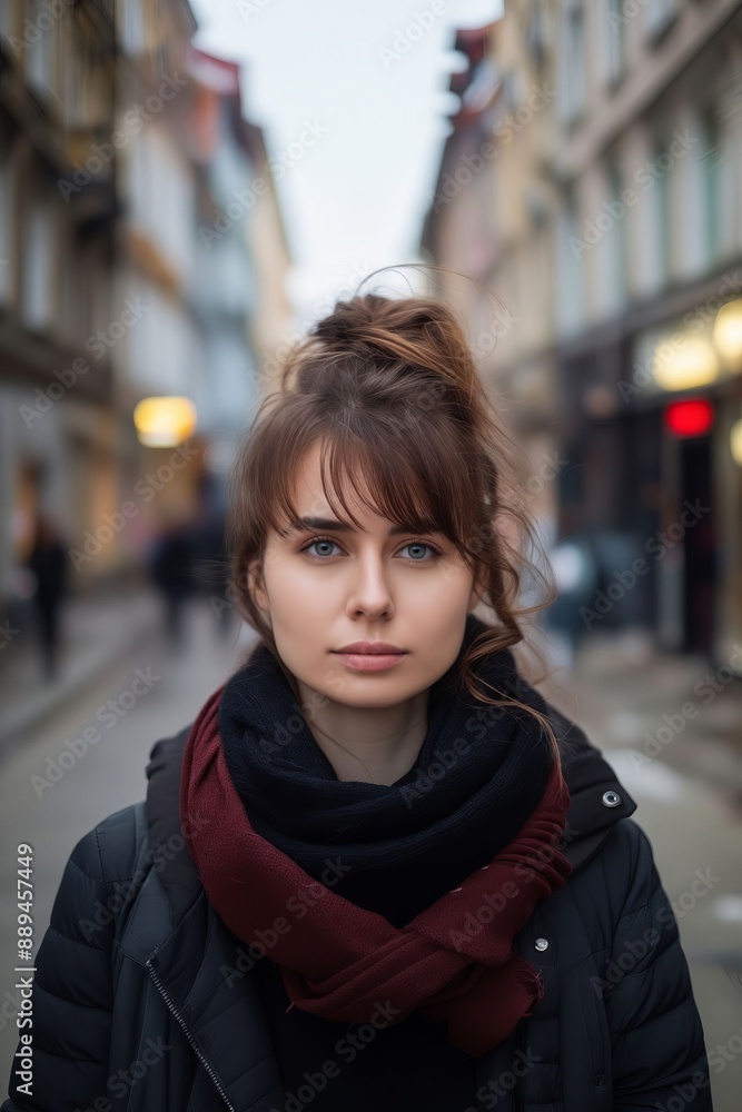 Fototapeta premium A young woman standing in a city street.