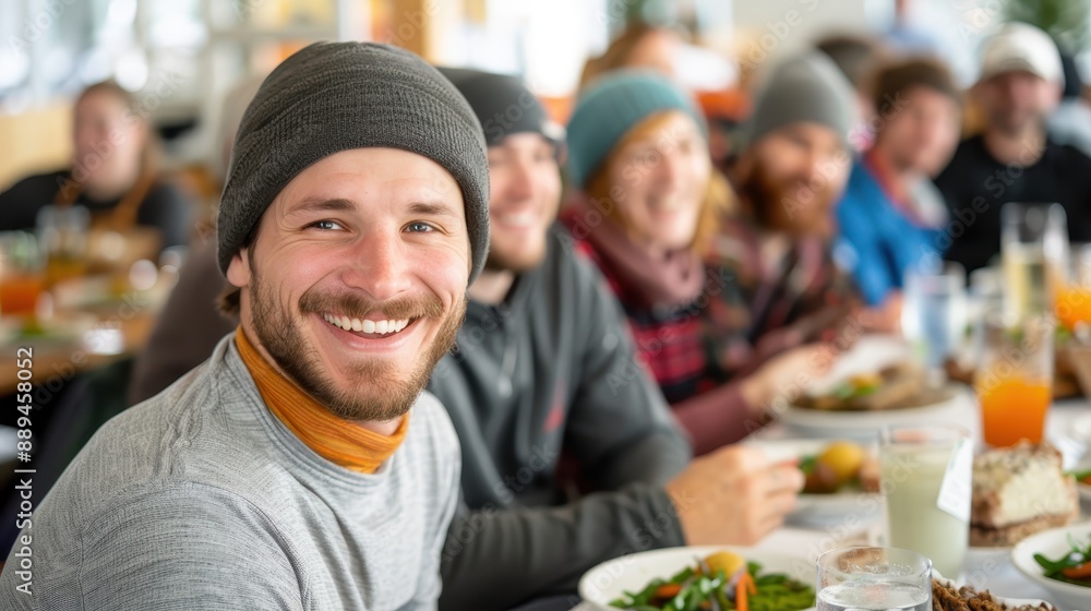A happy man wearing a beanie cap smiles at the camera during a group dinner. He sits at a table with friends and various dishes, enjoying a lively, festive atmosphere. A happy man wearing a beanie cap smiles at the camera during a group dinner. He sits at a table with friends and various dishes, enjoying a lively, festive atmosphere.