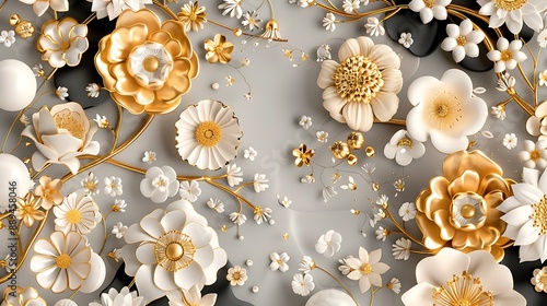 Elegant Grayscale and Gold Floral Pattern with 3D Flowers