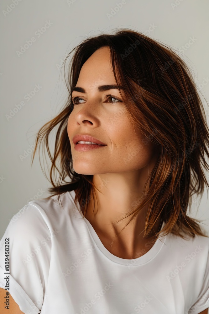 A woman with brown hair looking up. A woman with brown hair looking up.