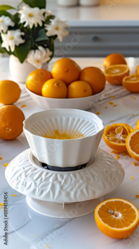 A white bowl with a white lid sits on a table with a bunch of oranges