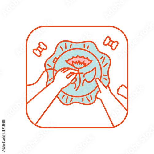 Embroidering of a flower, close up top view, vector illustration