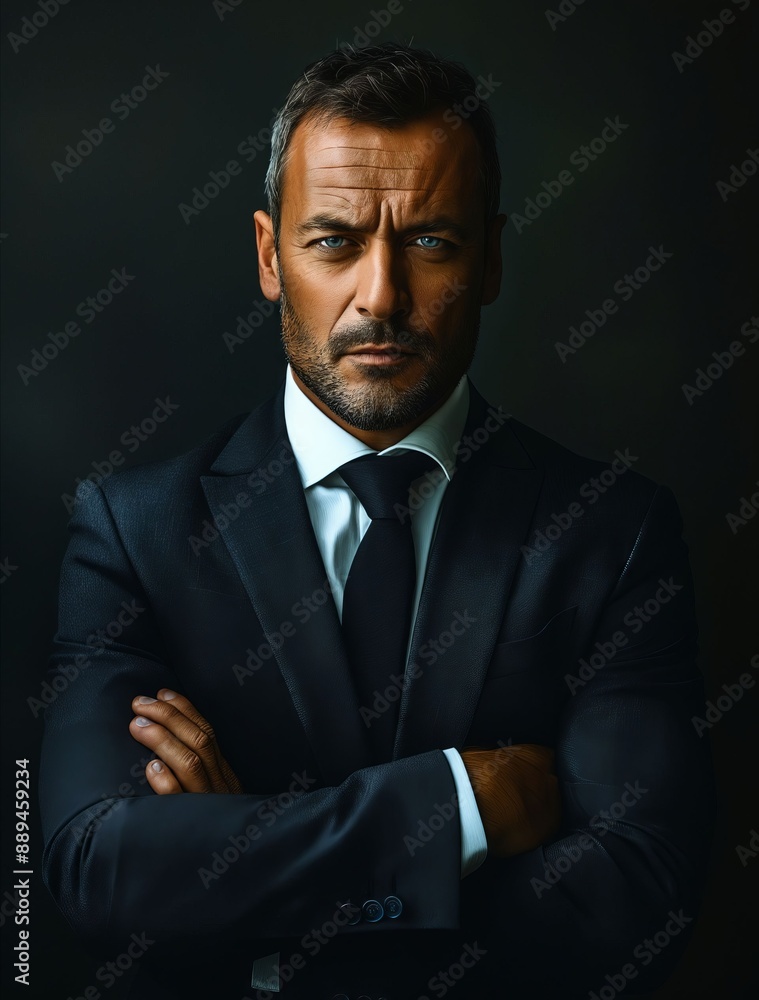 A man in a suit and tie standing with his arms crossed. A man in a suit and tie standing with his arms crossed.