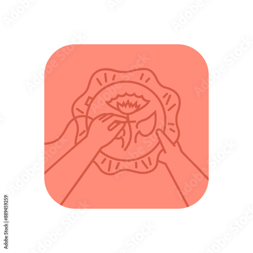 Embroidering of a flower, close up top view, vector illustration