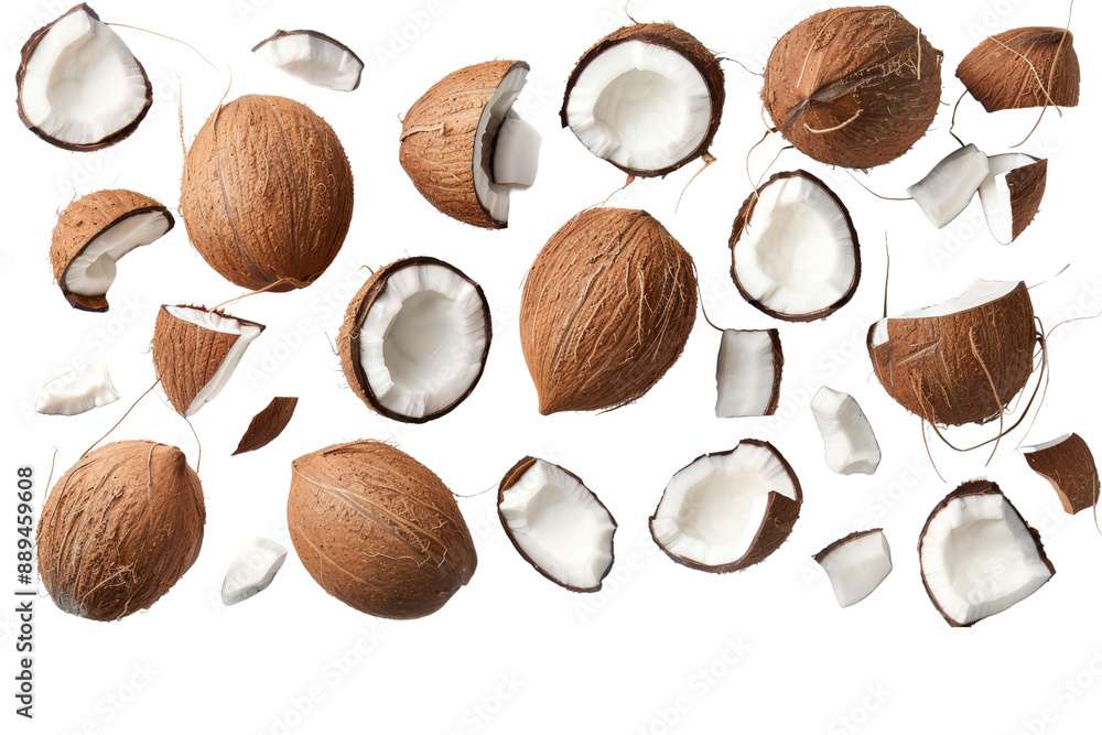 Assorted tropical coconuts, showcasing whole, sliced, and pieces with white flesh, isolated on a pristine white background, flat lay view