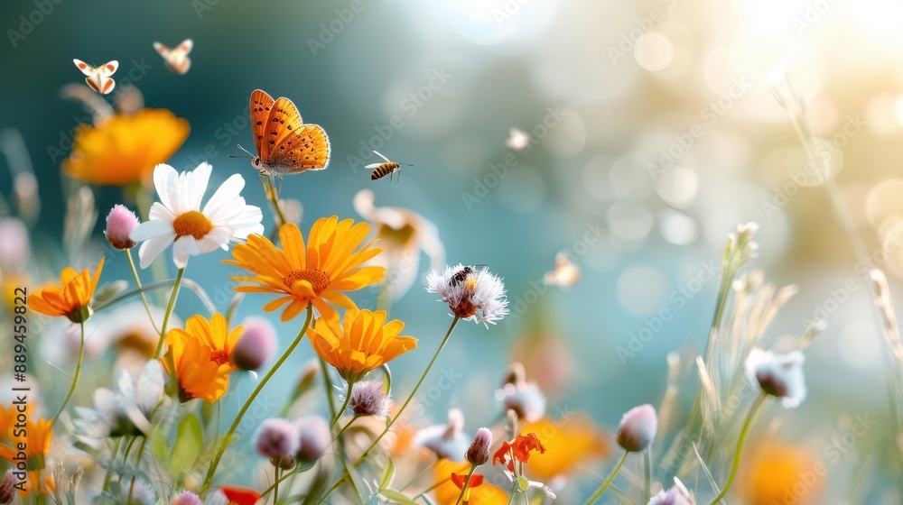 Fototapeta premium This image captures a garden filled with bright orange and white flowers, animated by the presence of butterflies and bees, reflecting summer's liveliness and natural beauty.