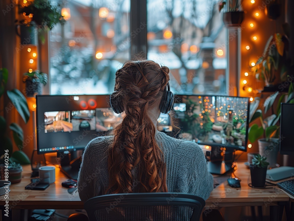 Modern Professional Working from Home in Engaging Video Call with Realistic Background Modern Professional Working from Home in Engaging Video Call with Realistic Background