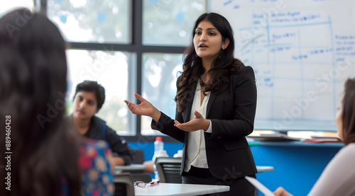 an mature Indian woman teaching students at the university, dressed smartly and confidently wearing black business attire while presenting on whiteboards to other people seated around them during clas