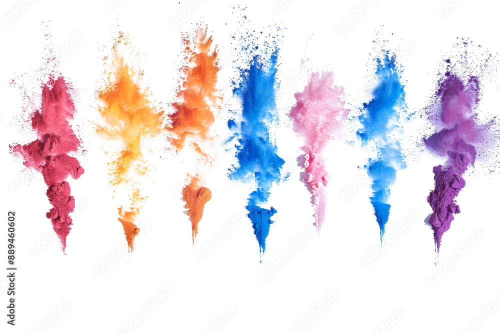 Obraz premium Brightly colored powder explosions, frozen in a set, isolated on a white background, celebrating with moving colors