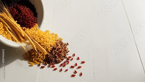 Isolated white bowl filled with long, dry strands of pasta, a classic Italian food ingredient
