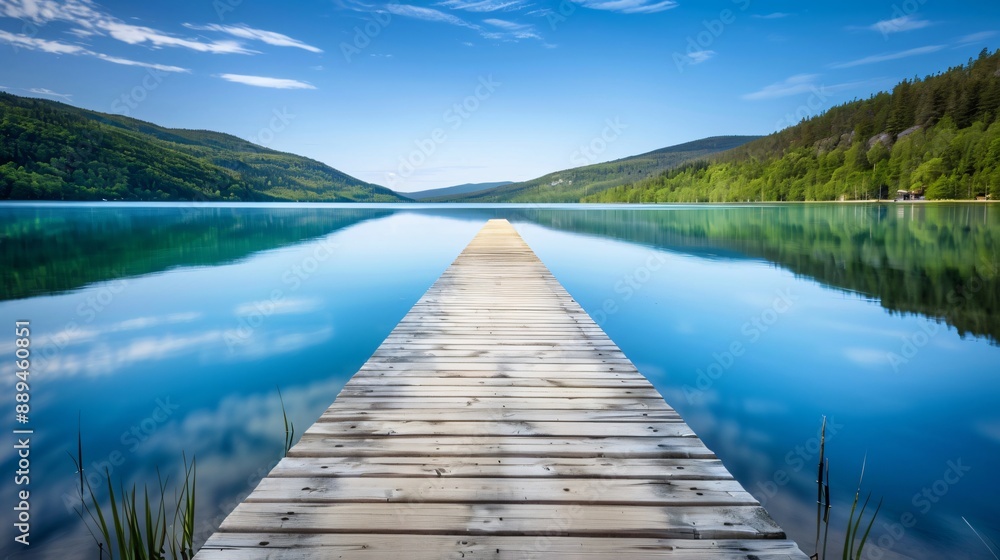 A wooden dock extends into a tranquil mountain lake, with lush green hills lining the shoreline and a clear blue sky above A wooden dock extends into a tranquil mountain lake, with lush green hills lining the shoreline and a clear blue sky above