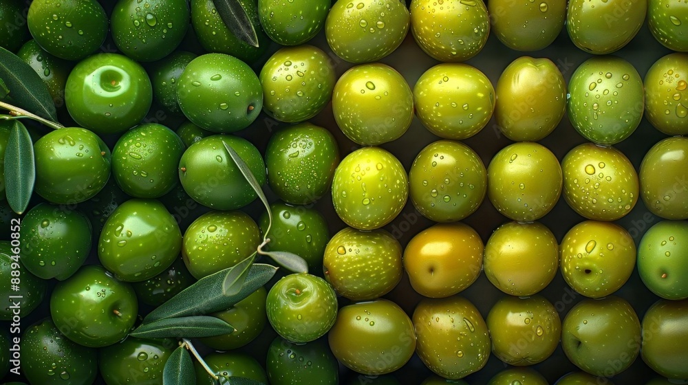 Organically grown green and yellow olives with dewdrops, artfully arranged on a surface with olive branches, showcasing freshness and contrasting colors in a natural setting. Organically grown green and yellow olives with dewdrops, artfully arranged on a surface with olive branches, showcasing freshness and contrasting colors in a natural setting.