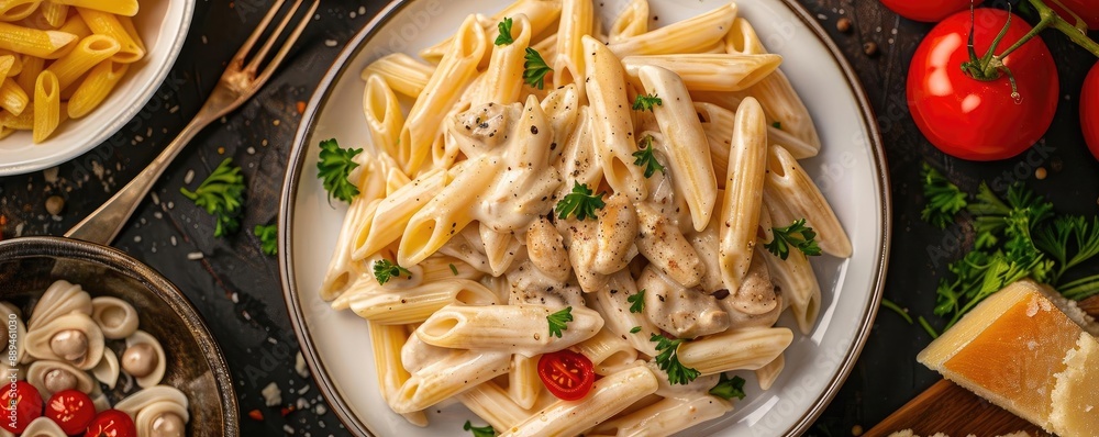 A delicious plate of creamy pasta garnished with parsley and cherry tomatoes, set on a rustic table with fresh ingredients. A delicious plate of creamy pasta garnished with parsley and cherry tomatoes, set on a rustic table with fresh ingredients.