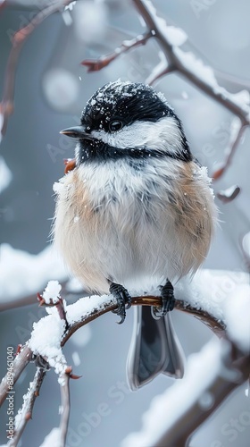 Berries and snow decorate the branch where a chickadee perches.