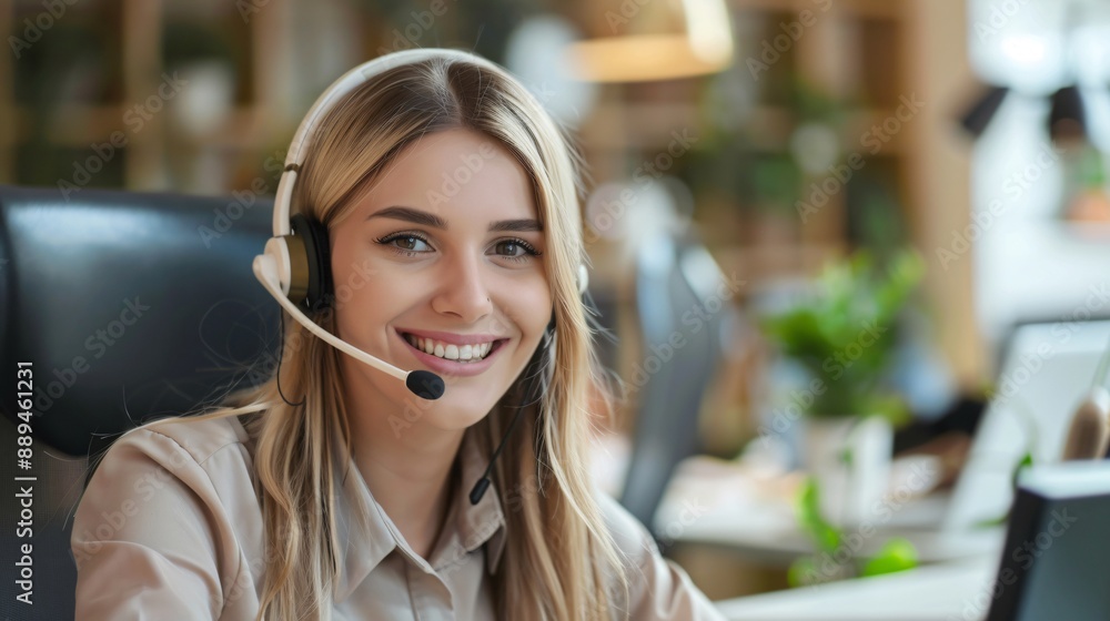 A young woman with long blonde hair smiles while wearing a headset in an office setting A young woman with long blonde hair smiles while wearing a headset in an office setting