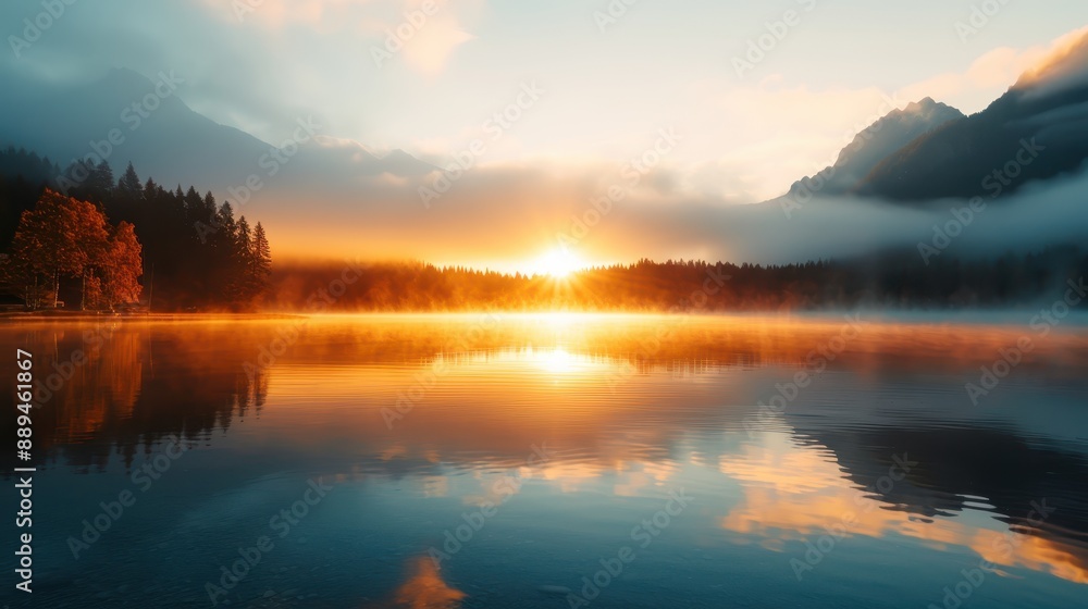 Obraz premium Sunrise illuminating a picturesque misty lake surrounded by mountains. The tranquil water reflects the golden light, creating a mesmerizing scene of calm and beauty.