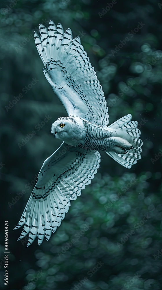 Fototapeta premium Through the misty forest, a ghostly owl is in flight.