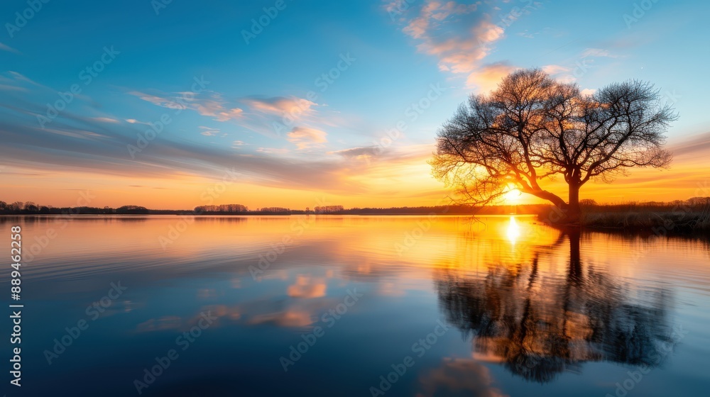 A peaceful scene featuring a lone tree by the edge of a tranquil lake during a stunning sunset, capturing the serene reflection of the sky and water blending harmoniously together. A peaceful scene featuring a lone tree by the edge of a tranquil lake during a stunning sunset, capturing the serene reflection of the sky and water blending harmoniously together.