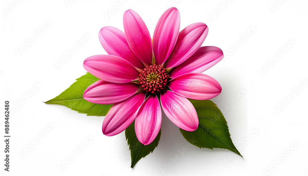 Fototapeta premium A Single Pink Daisy Flower With Green Leaves on White Background