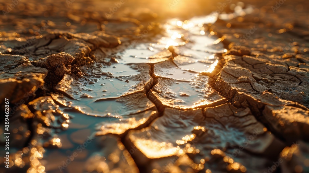 Close-up of cracked drought soil with water reflecting orange sunset light, highlighting the effects of dry weather and climate change. Close-up of cracked drought soil with water reflecting orange sunset light, highlighting the effects of dry weather and climate change.