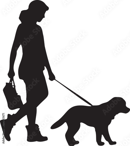 Silhouette of a woman walking with a dog on a transparent background