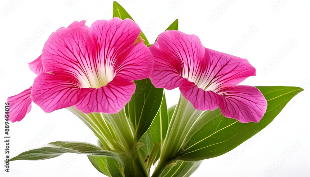 Obraz premium Two Pink Petunia Flowers With Green Leaves on a White Background