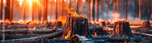 A forest scene with burning tree stumps and logs, showcasing the aftermath of a wildfire during sunset in a woodland area. photo