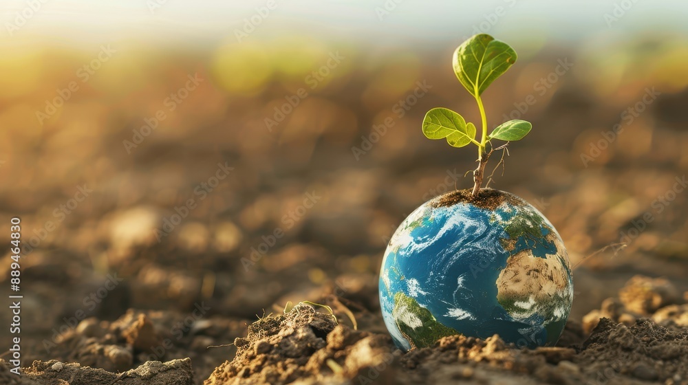 Young plant growing on a small Earth globe, symbolizing environmental conservation, sustainability, and global growth. Young plant growing on a small Earth globe, symbolizing environmental conservation, sustainability, and global growth.