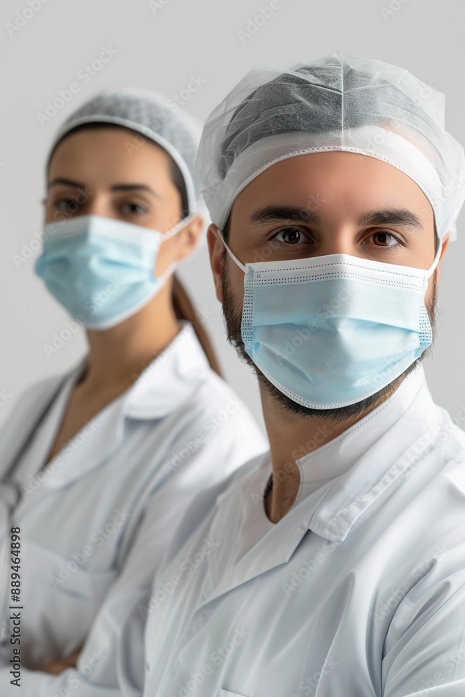 A doctors man and woman on a white background in medical A doctors man and woman on a white background in medical