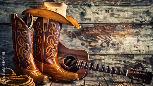 Close-up of cowboy boots, hat, guitar, and rope against rustic wooden background.