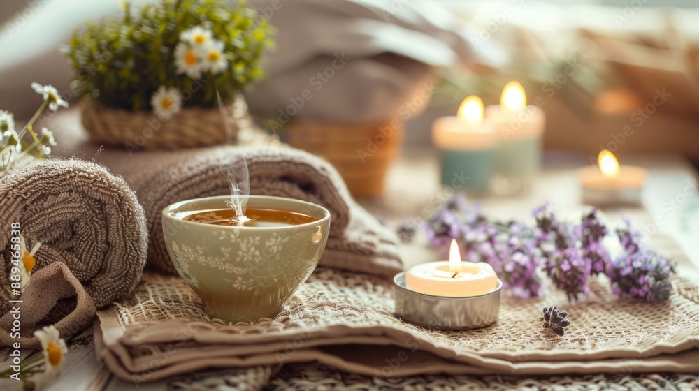Pillows, cups of tea or candles, to emphasize rest and stress management. generative ai Pillows, cups of tea or candles, to emphasize rest and stress management. generative ai