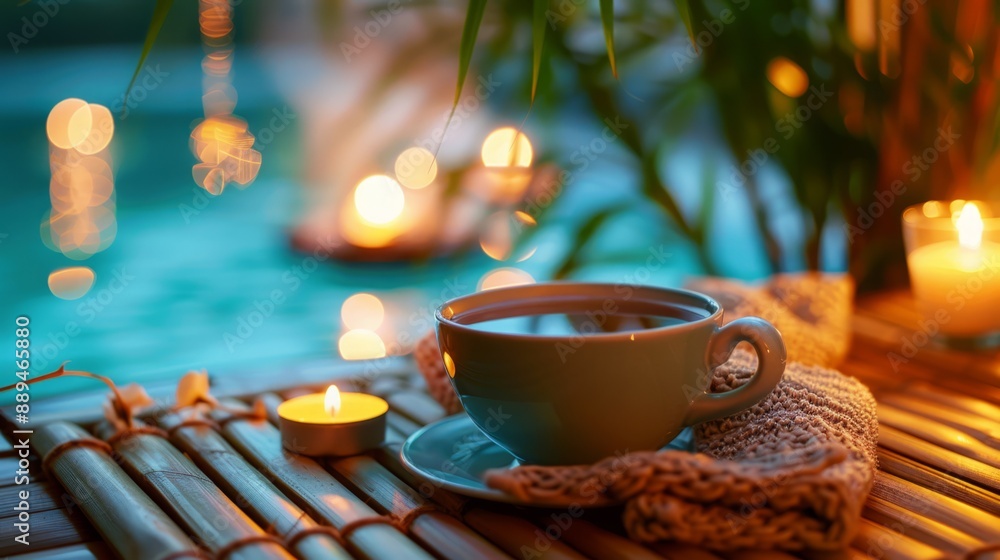Pillows, cups of tea or candles, to emphasize rest and stress management. generative ai Pillows, cups of tea or candles, to emphasize rest and stress management. generative ai