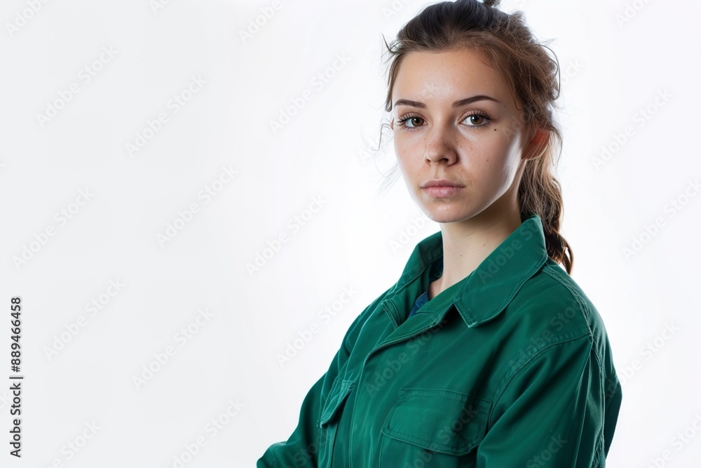A Female workmen in green overall isolated on white A Female workmen in green overall isolated on white