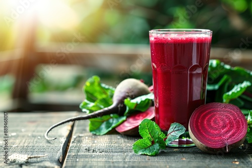 Freshly made beet juice in glass on wooden table photo