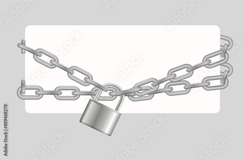 Padlock and chain. Gray metal chain and padlock, handcuffed card, vector