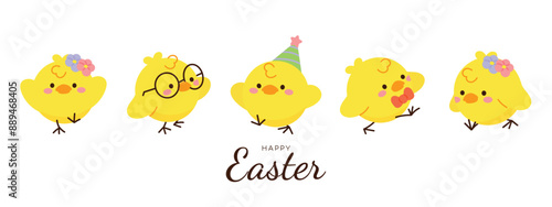 Happy Easter doodle hand drawn background vector. Cute Chick wallpaper of with yellow chicks in different pose, flower, easter element. Chicken illustration for clipart, sticker, card.