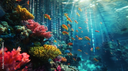 Fototapeta Naklejka Na Ścianę i Meble -  Colorful coral and a school of fish swim through turquoise water with binary code flowing through the scene.