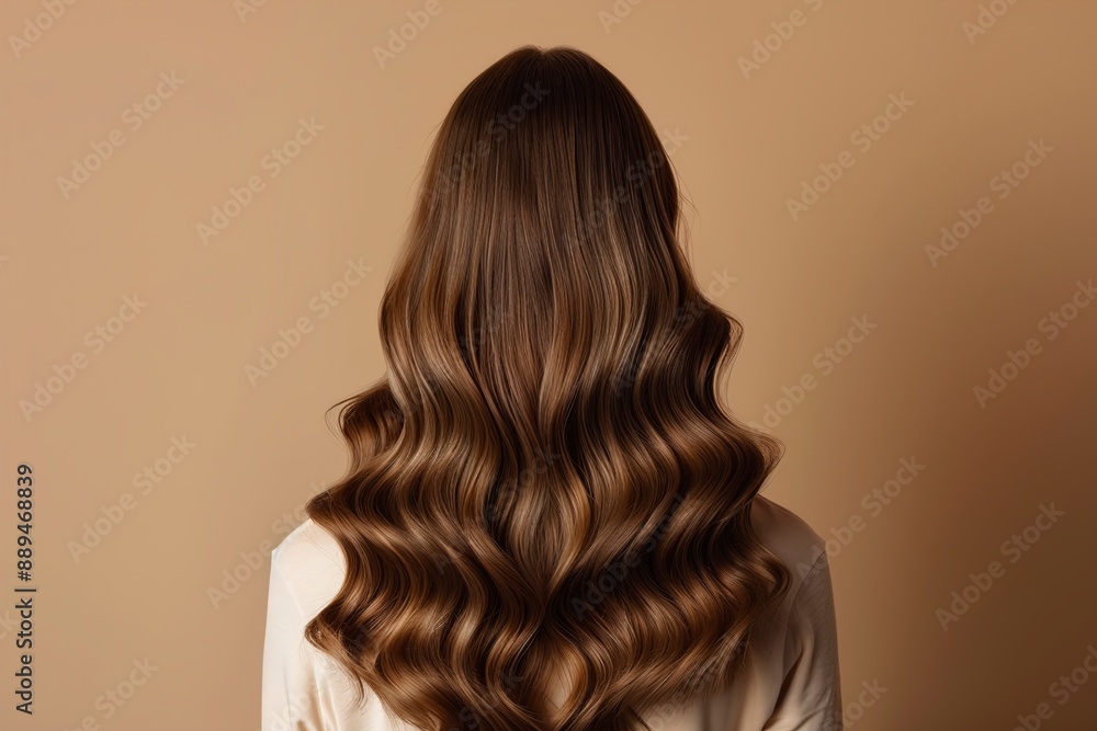 Fototapeta premium Hair styling. Woman with wavy long hair on brown background
