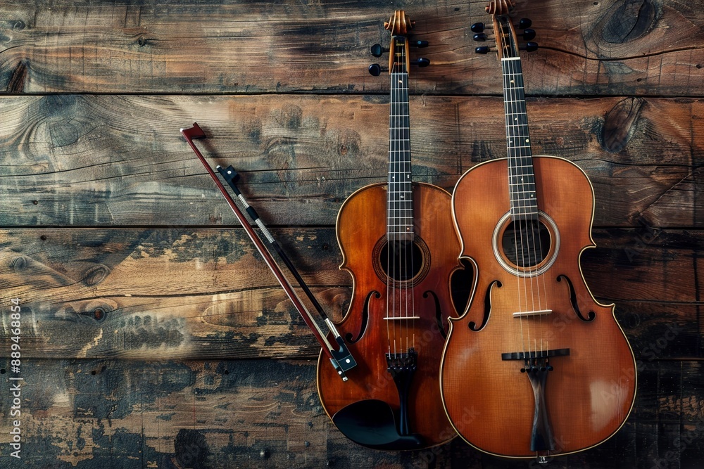 Naklejka premium guitar and violin in wood background