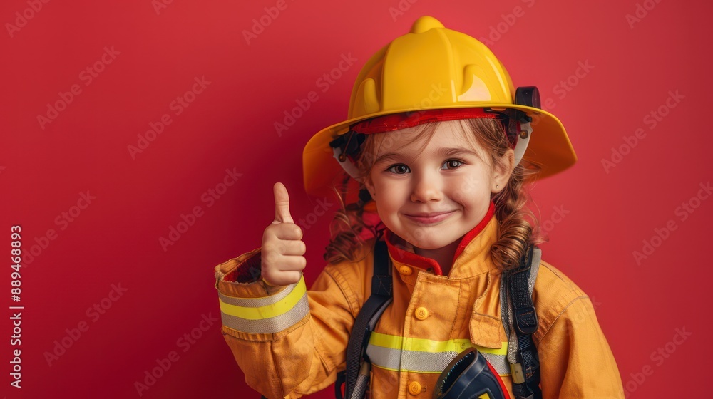 Cute little firefighter with a fire hose.