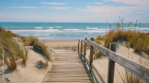 Fototapeta Naklejka Na Ścianę i Meble -  A wooden boardwalk leads to the ocean. The beach is sandy and the water is calm. The sky is blue and there are no clouds