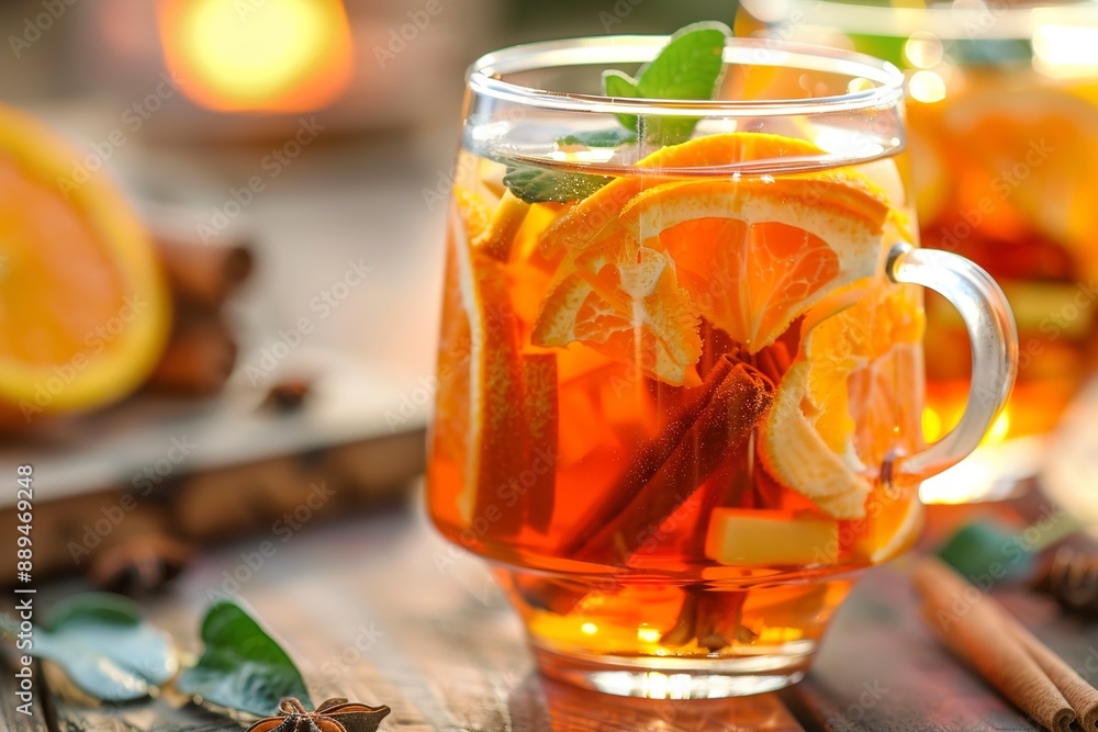 Glass of aromatic punch drink on table Glass of aromatic punch drink on table