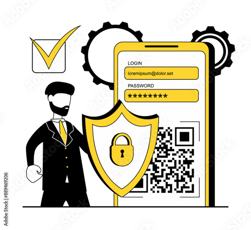 Cyber security. Businessman protects his data and phone with a shield
