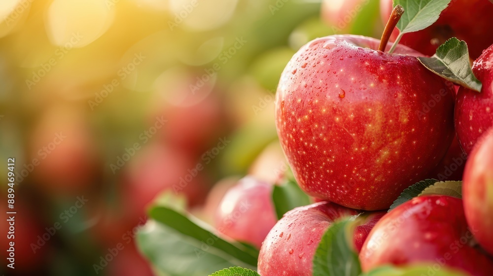 Obraz premium A vivid close-up of multiple red apples growing on a tree, surrounded by green leaves, capturing the freshness and abundance of a fruitful harvest in nature.