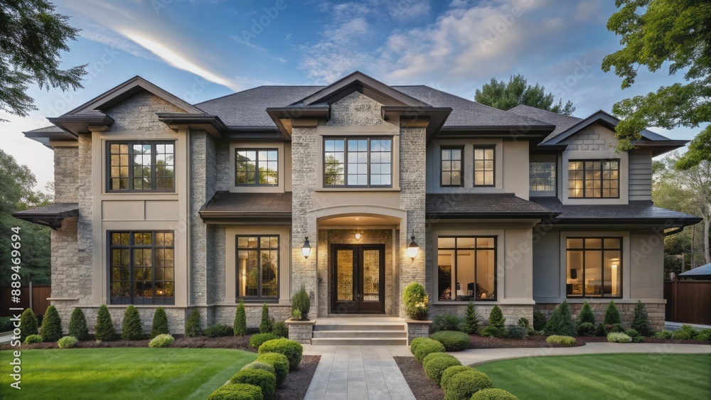 Contemporary suburban residence blends traditional elegance with modern sophistication, showcasing clean lines, expansive windows, and a grand entrance with bold gestures and minimal ornamentation.